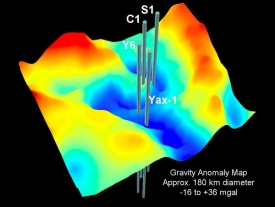 Gravitační anomálie a průzkumné vrty v kráteru Chicxulub.