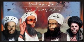 Americký leták s bin Ládinem a dalšími kajdisty v Afghánistánu.