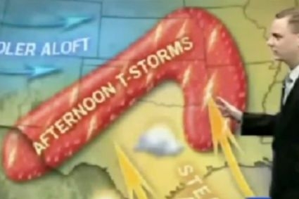Meteorolog nonšalantně ukazuje na velký... příchod teplé fronty.