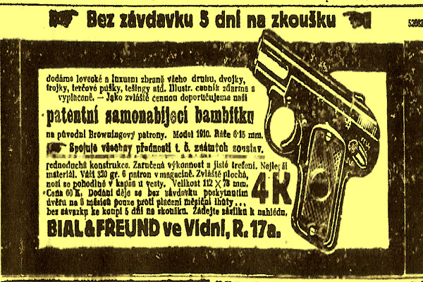 Inzerát z 5. listopadu 1910. Zbraň si mohl koupit každý, zbrojní průkaz nepotřeboval.