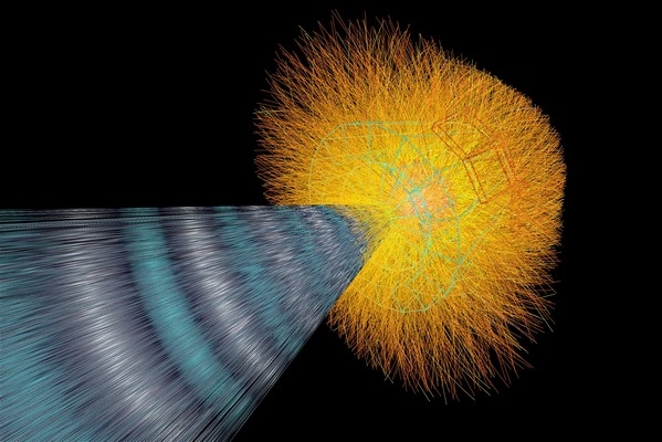 Simulace srážky jader atomů olova v detektoru ALICE, který je součástí LHC.