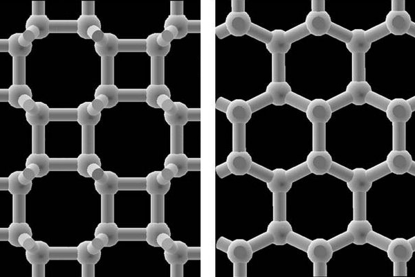 Nový materiál při pohledu shora (vlevo) a ze strany (vpravo). Čtveřice pevně vázaných atomů jsou propojeny šikmými vazbami s další vrstvou čtverců.