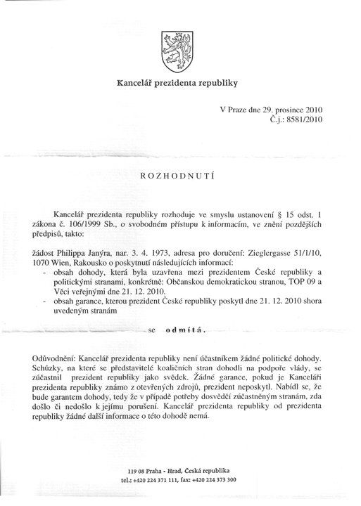 Faximile odpovědi z prezidentské kanceláře.