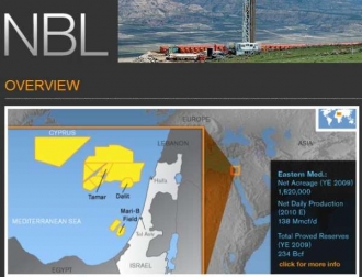 Zásoby zemního plynu u Izraele (mapa z webu Noble Energy).