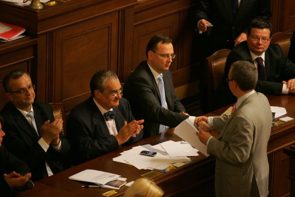 Členové vlády zleva: Miroslav Kalousek, Karel Schwarzenberg, Petr Nečas a Alexandr Vondra.