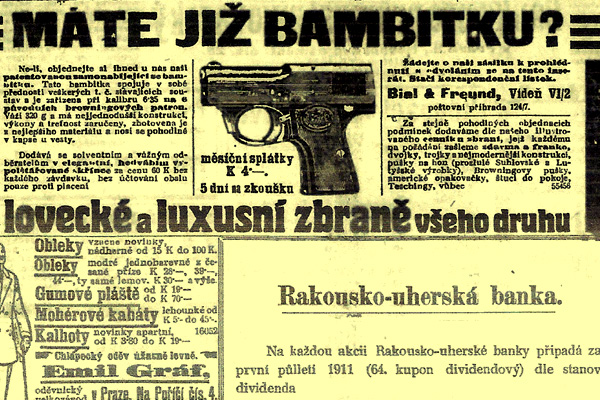 Máte už bambitku? To je inzerát z Národní politiky. Není divu, že se pak v Praze dostaly snadno k pistolím i děti, jak tomu bylo 9. února 1911. 
