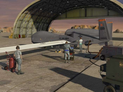 Příprava Global Hawk k letu v představách malíře.