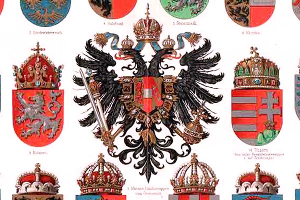 Rakousko-Uhersko obývalo v roce 1911 na 51 milionů lidí. Na obrázku erby některých zemí habsburského soustátí.