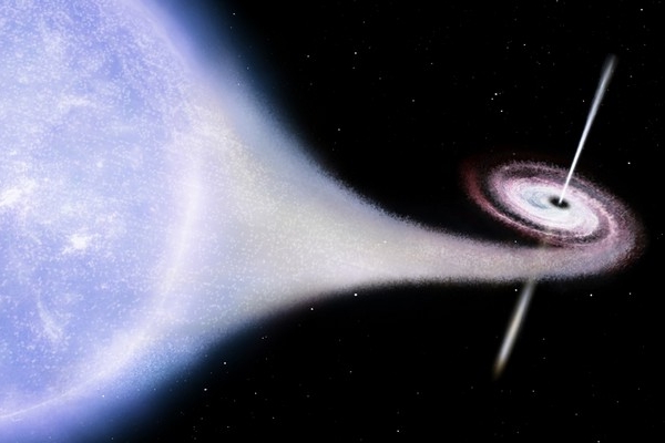 Umělecká představa černé díry Cygnus X-1, která pohlcuje sousední hvězdu. 