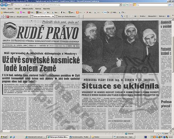 Rudé právo z 16. ledna 1969 informuje o nejnovějším úspěchu sovětských kosmonautů.