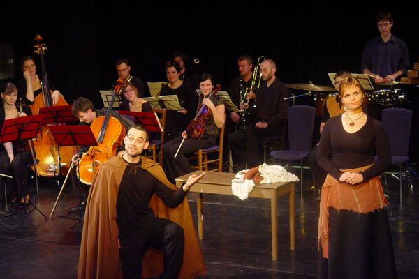 Ensemble Opera Diversa v plném nasazení při představení Pickelheringa. Uprostřed autor libreta a spolurežisér Pavel Drábek.