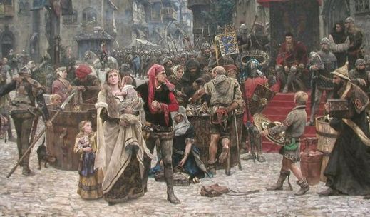 Král Valdemar IV. Atterdag požadoval ve Visby tři sudy pokladů (Carl Gustaf Hellqvist, olej na plátně, 1882). Král Valdemar IV. Atterdag požadoval ve Visby tři sudy pokladů (Carl Gustaf Hellqvist, olej na plátně, 1882).