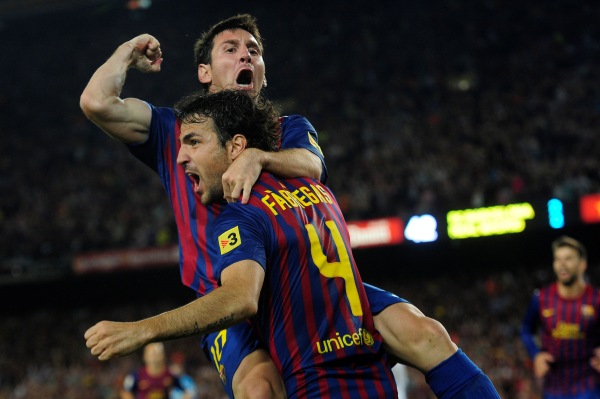 Opory Barcelony Lionel Messi a Cesc Fábregas.