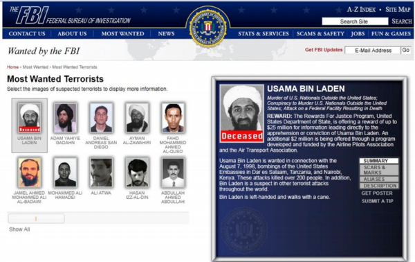 Seznam nejhledanějších teroristů zpracoval americký Federální úřad pro vyšetřování (FBI).