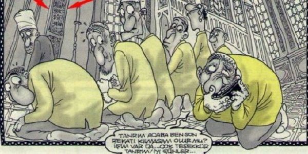 Muslim se chce na karikatuře ulít z modlitby... Kreslíři za to hrozí vězení.  