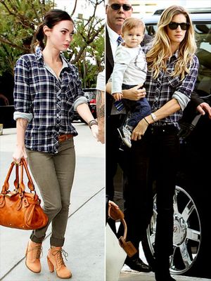 Zleva Megan Foxová ve stejné košili jako modelka Gisele Bündchenová. Zleva Megan Foxová ve stejné košili jako modelka Gisele Bündchenová.