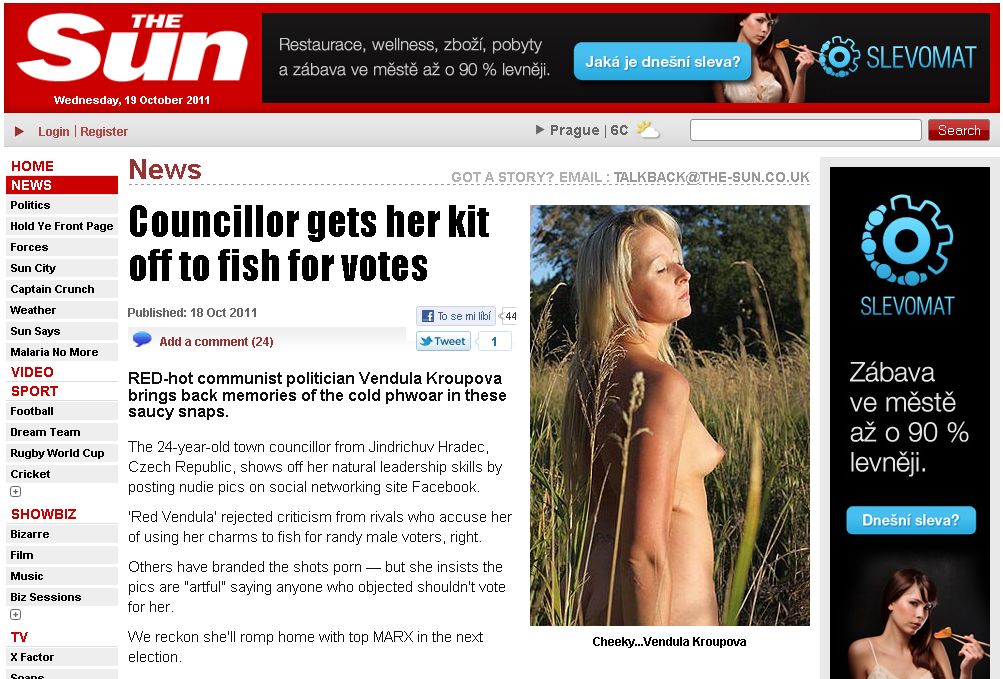 Webové stránky deníku The Sun píší o Vendule Kroupové.