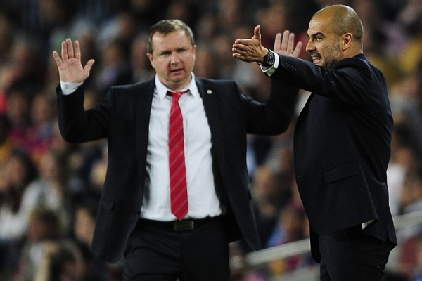 Plzeňský trenér Pavel Vrba (vlevo) s Pepem Guardiolou.