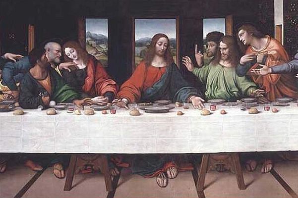 Poslední večeře. Také originál tohoto slavného obrazu visí v londýnské expozici.