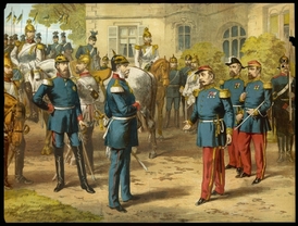 Obklíčený francouzský císař Napoleon III. se u Sedanu vzdává pruským vojskům.