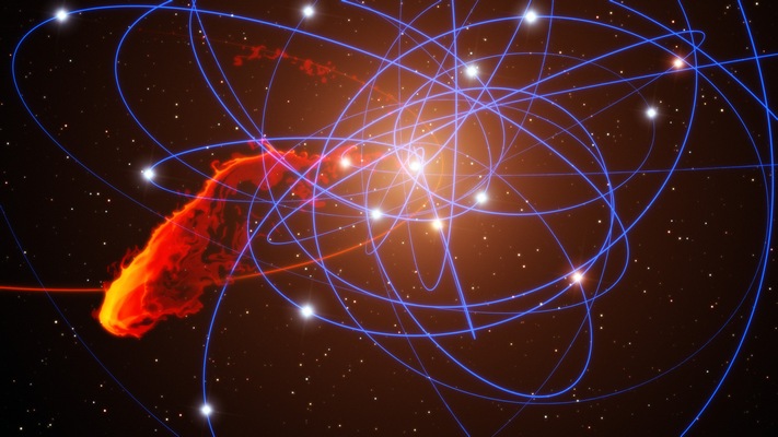 Oblak plynu se gravitačním působením černé díry protahuje a trhá.