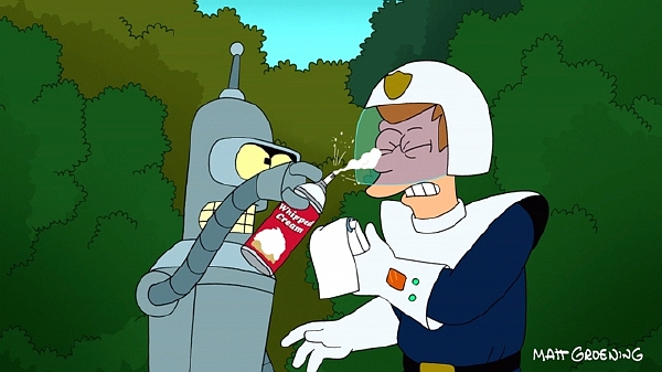 Obhroublý robot Bender ze seriálu Futurama v akci.