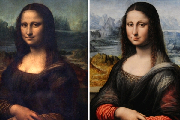 Mona Lisa: vlevo Leonardův originál, vpravo madridská kopie.
