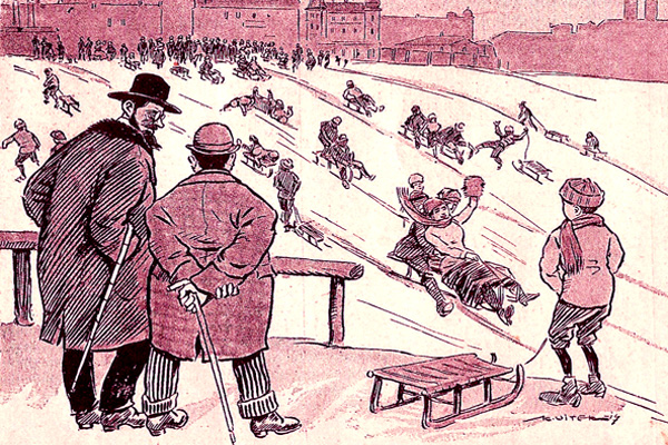 Sáňkování v Praze za Rakouska-Uherska. Ilustrace z Humoristických listů. Sáňkování v Praze za Rakouska-Uherska. Ilustrace z Humoristických listů.