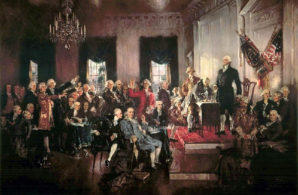 Scéna z podepisování Ústavy Spojených států amerických. Olej na plátně, Howard Chandler Christy, 1940.