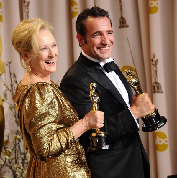 Dvě herecké hvězdy letošních cen - Meryl Streepová a Jean Dujardin.