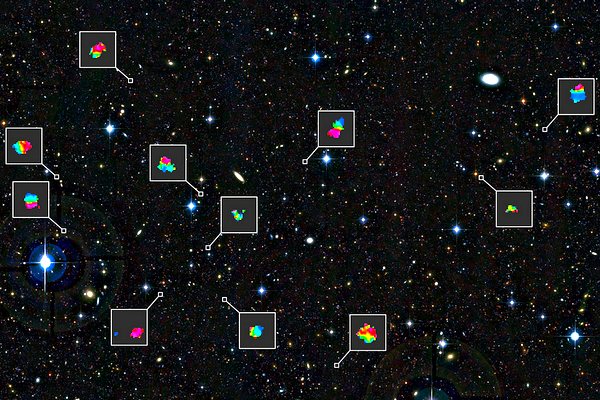 Barevné obrazce představují pohyb plynu uvnitř galaxií. Pohyb směrem k nám je zobrazen modře, od nás červeně.