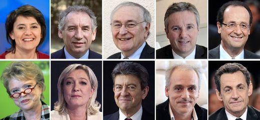 Prezidentští kandidáti (zleva shora): Nathalie Arthaudová (Lutte Ouvriere), François Bayrou (MoDem), Jacques Cheminade (Solidarite et progres), Nicolas Dupont-Aignan (Debout la Republique), François Hollande (Parti Socialiste), Eva Jolyová (Europe-Ecologie Les Verts), Marine Le Penová (Front national), Jean-Luc Melenchon (Front de Gauche), Philippe Poutou (Nouveau Parti Anticapitaliste) a Nicolas Sarkozy.