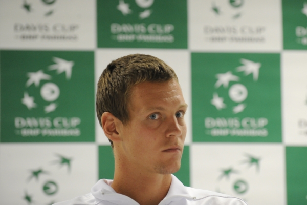 Tomáš Berdych na středeční tiskové konferenci českého daviscupového týmu.