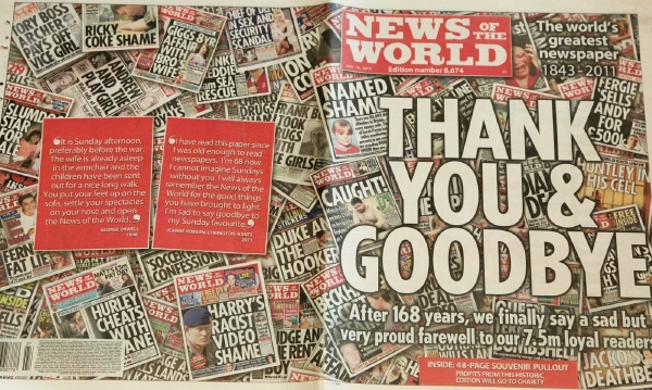 Bulvární nedělník News of the World kvůli aféře s odposlechy přestal vycházet.