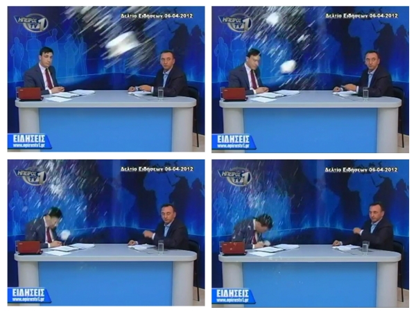 Smrští jogurtu a vajíček vytrestala v živém vysílání skupina levicových aktivistů moderátora jedné soukromé televize. 