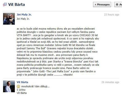 Vít Bárta děkuje na Facebooku.