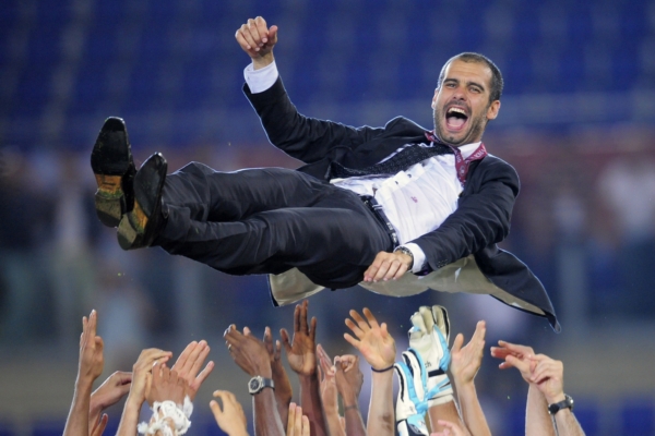Josep Guardiola v euforii po triumfu v Lize mistrů.