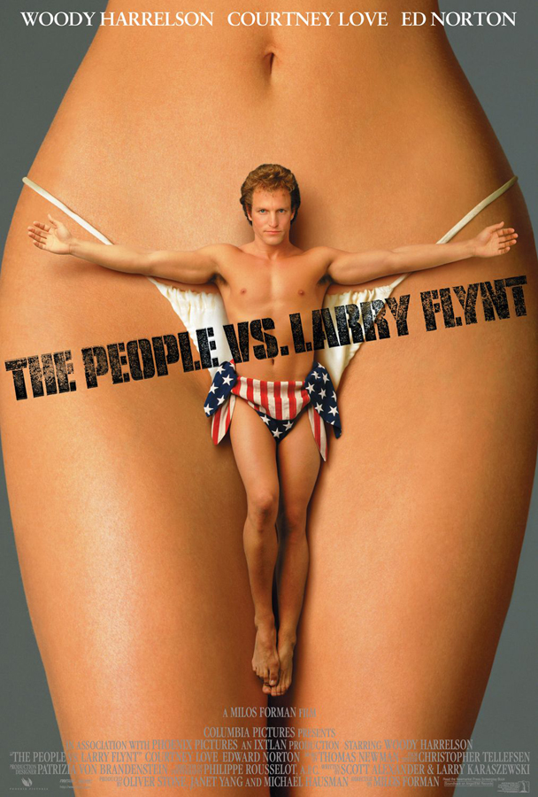 Lid versus Larry Flynt, 1996. Tento plakát byl zakázán asociací Motion Picture Association of America, ovšem není jasné, jestli kvůli názorné sexuální narážce, nebo urážce náboženské symboliky. 