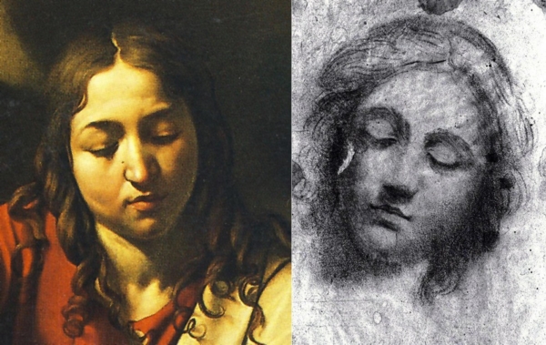 Vpravo je výřez z Caravaggiovy Večeře v Emauzích a vlevo jedna z nalezených skic, jejímž autorem by měl být.