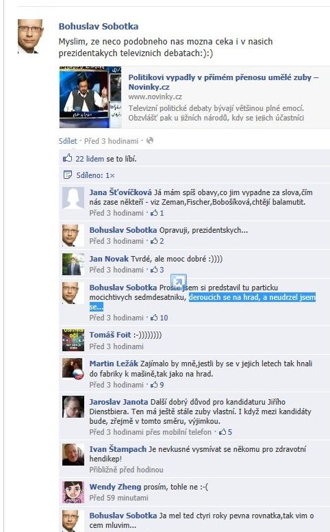 Bohuslav Sobotka si na Facebooku tropí legraci na účet starších prezidentských kandidátů.