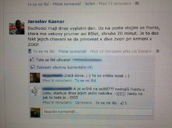 Zpráva, kterou Jaroslav Kasnar napsal na Facebook.