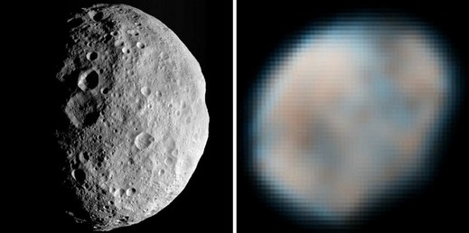 Vesta, jak ji viděla sonda Dawn (vlevo) a předtím Hubbleův teleskop (vpravo).