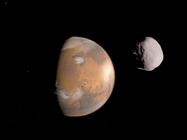 Planeta Mars se svým měsícem Deimosem (ilustrační foto). Planeta Mars se svým měsícem Deimosem (ilustrační foto).