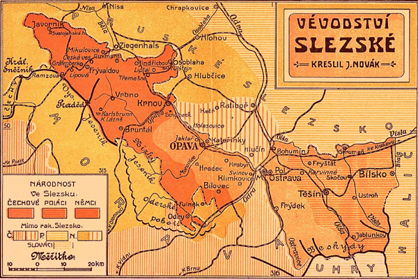 Mapa Slezska z roku 1912, která je součástí hesla o českém Slezsku v internetové encyklopedii Wkipedie.