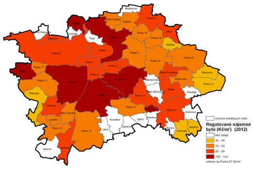 Regulované nájemné bytů v Praze (Kč/m2).