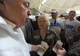 Žirinovskij sbírá a prodává jahody v rámci předvolební kampaně.