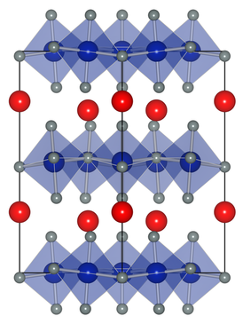 Struktura krystalu. Modré jsou atomy manganu, šedě kyslík, červeně yttrium (Swiss National Supercomputing Centre)