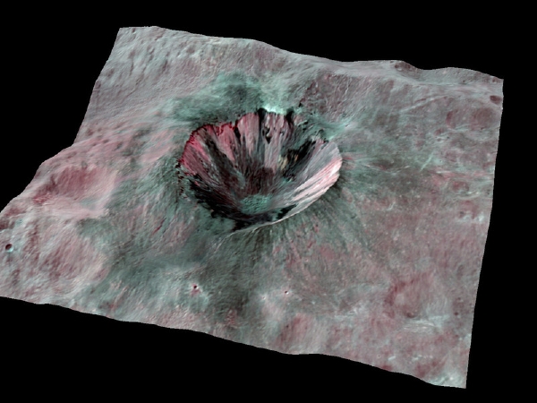 Trojrozměrný pohled na jeden z menších kráterů na povrchu Vesty (© NASA/JPL-Caltech/UCLA/MPS/DLR/IDA)