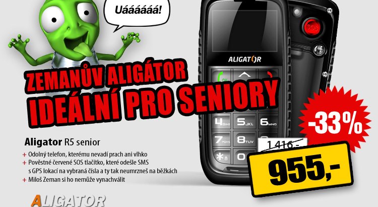 Zemanův proslulý mobil Aligátor pro seniory se stal reklamním hitem pro firmu prodávající elektroniku.