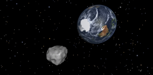 Simulace asteroidu 2012 DA14. Simulace asteroidu 2012 DA14.